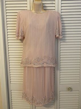 Vintage Silk Pink Top & Skirt Set Beaded Sequin Pearls Flapper Showgirl Costume